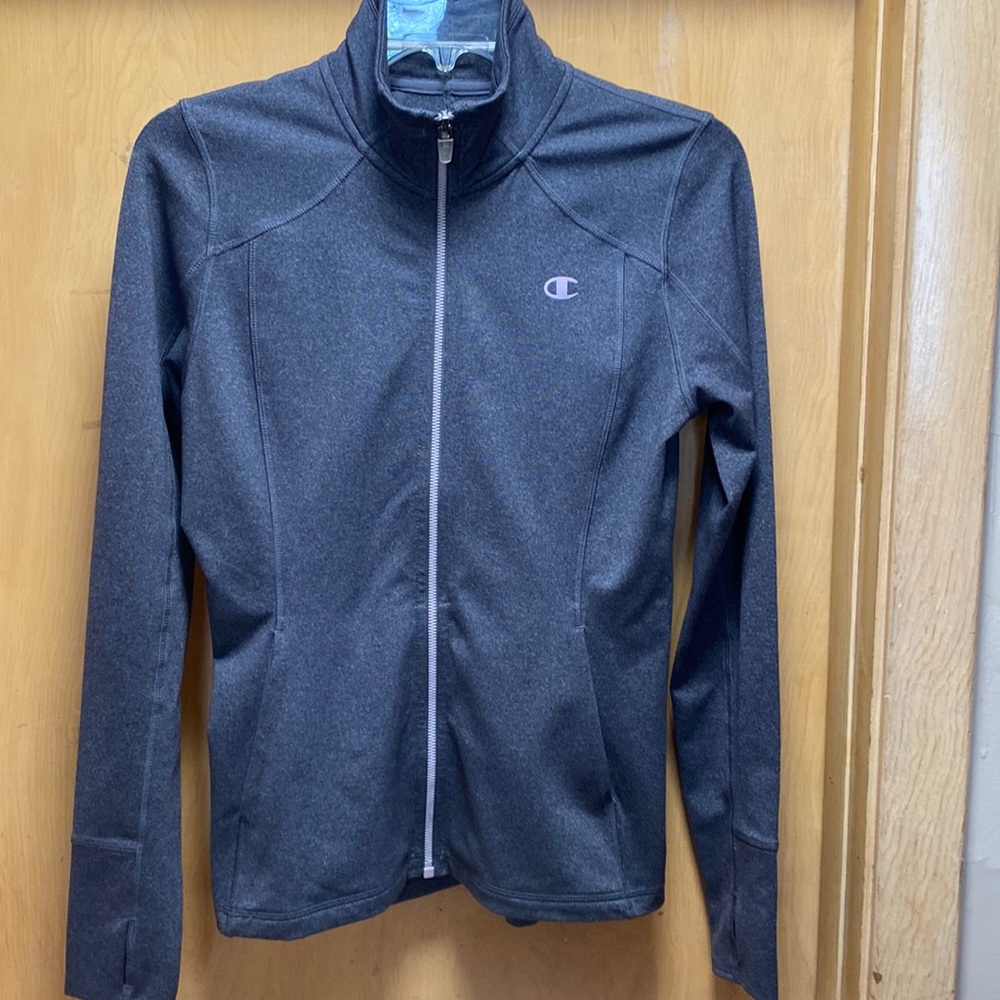 Gray Champion zip jacket w/pink stitching. Great shape. Thumb hole sleeves.